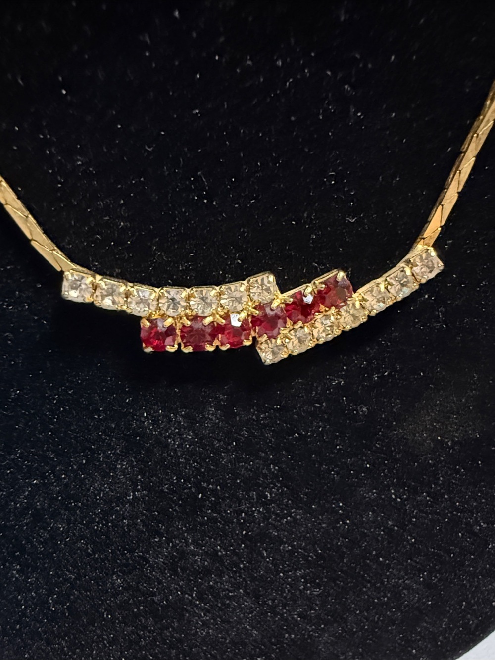Goldtone Necklace with Red and Clear Stones